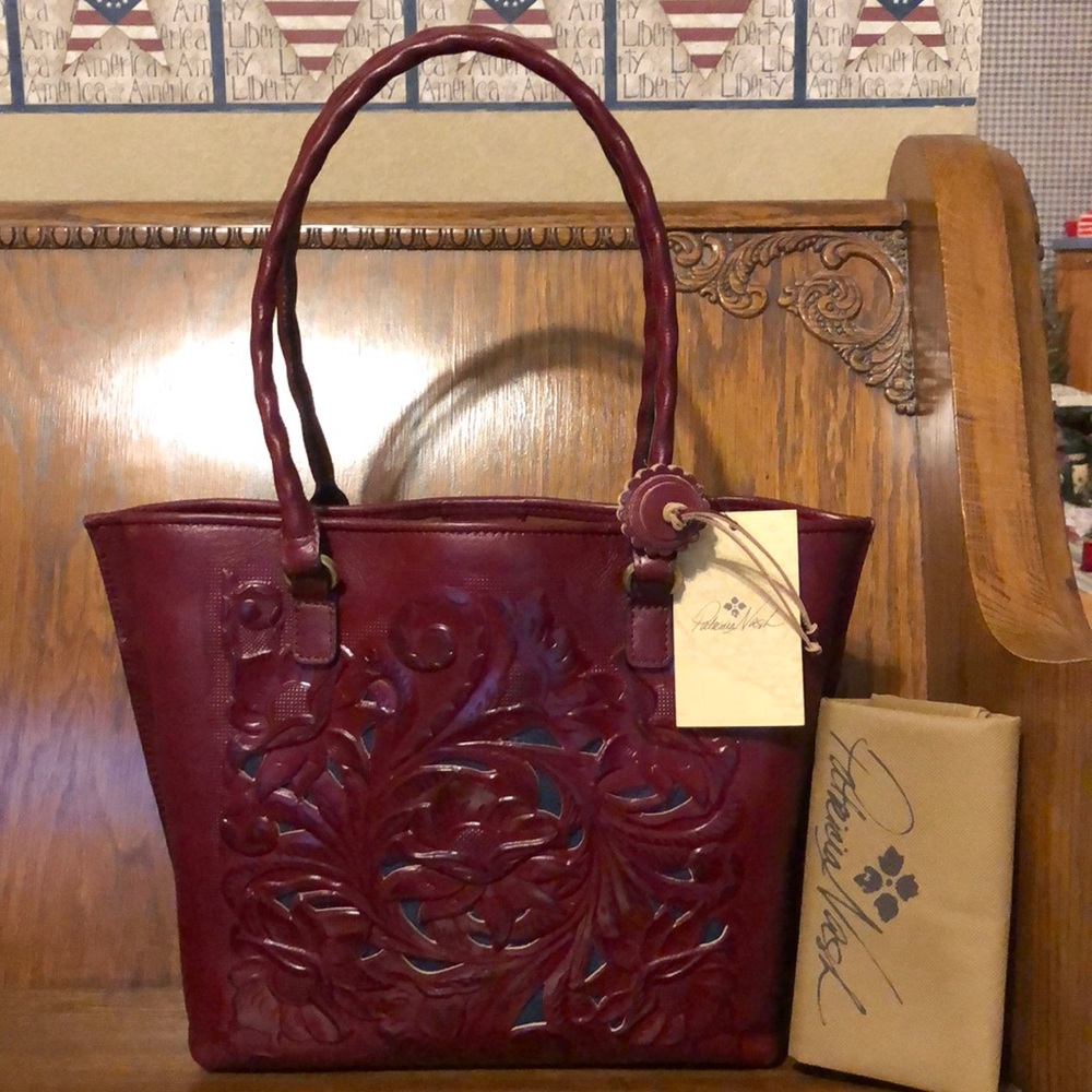 NWT-Patricia Nash-Adeline-Western Denim Cutout Tooled Tote-Maroon-$269